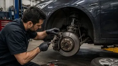 Auto mechanic repairing damaged brake rotor and brake caliper on lifted car in garage
